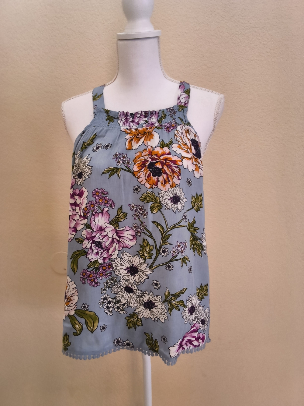 Light Blue Floral Smocked Halter Tank Top